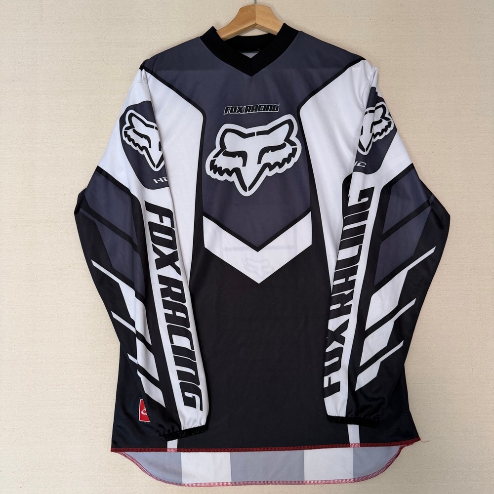 Fox Racing Motocross Jersey Mens Medium Black White Grey Long Sleeve MTB Biking